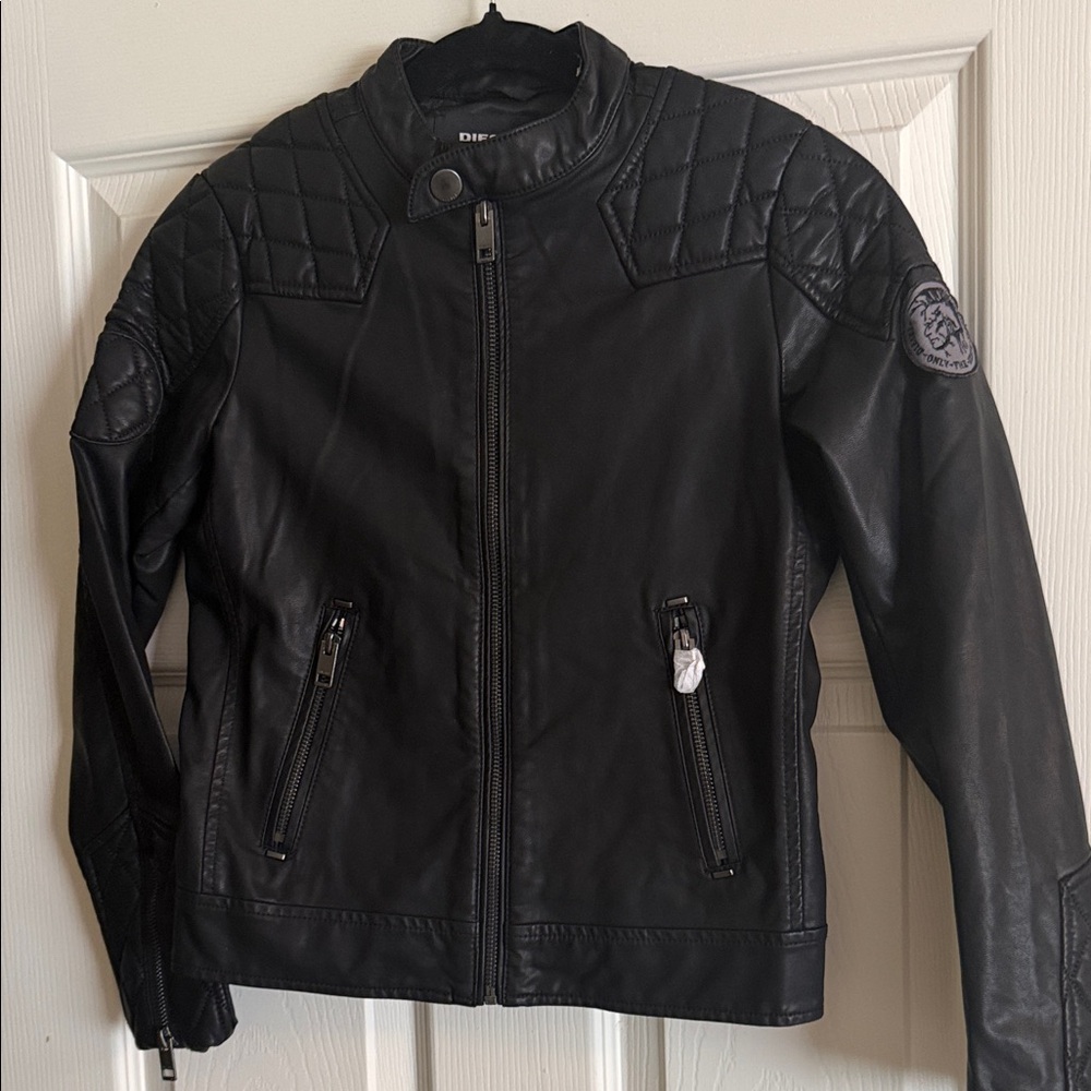 Kids 10Y DIESEL Black FAUX LEATHET Jacket with Quilted Shoulders